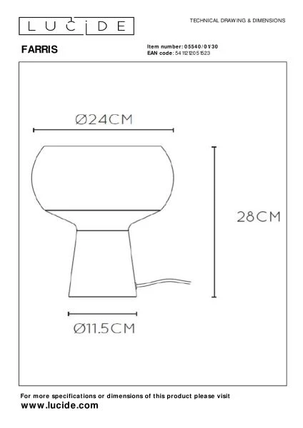 Lucide FARRIS - Lampe de table - 1xE27 - Noir - technique